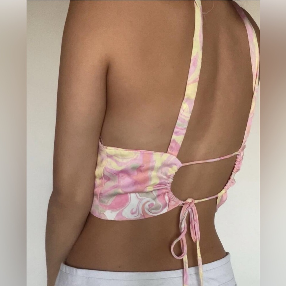 Zara Satin Marbled Keyhole Top Pink Yellow Watercolor Tie Back Halter size S - Picture 3 of 10